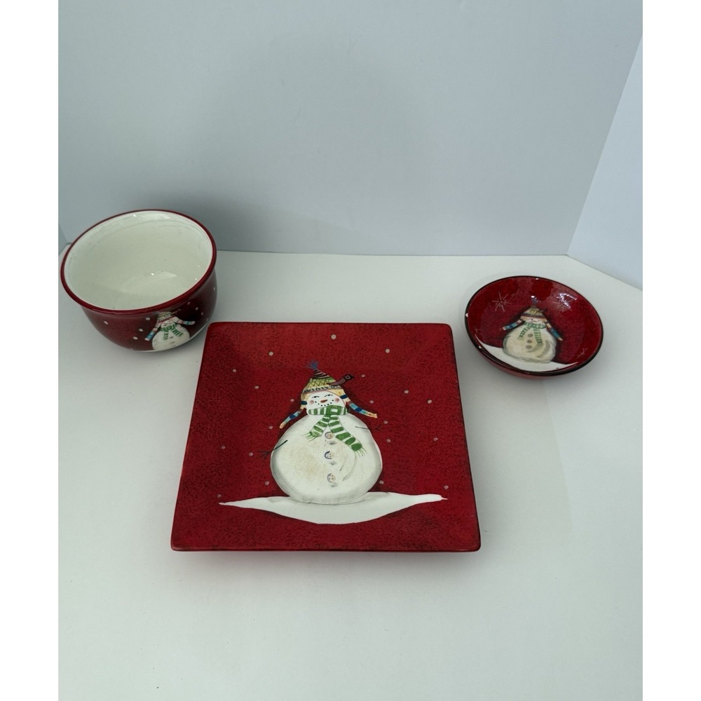 Oneida Snowmates Debbie Taylor Kerman‎ Snowman Red 3 Pc Set Plate Bowls Ceramic